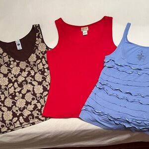 Bundle 3 tank tops GAP Brown Floral, Cassini Red Ribbed, NY & C Blue Ruffle S